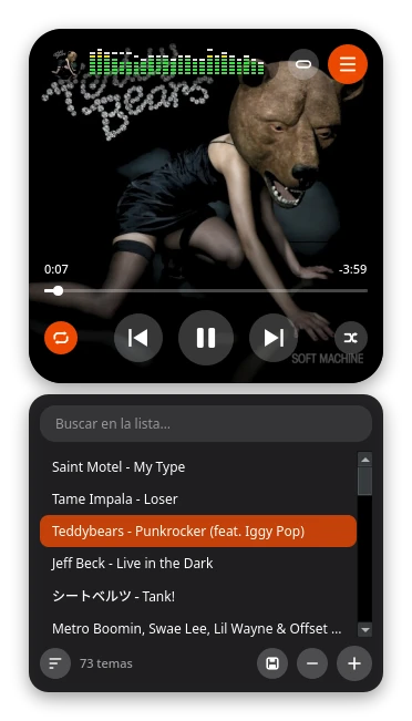 El panel de la lista de reproducción con un buscador