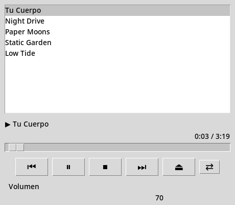 El primer prototipo de tarab player en Tkinter: una lista gris de temas y unos botones